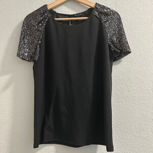 Ann Taylor Black Sequin Short Sleeve Blouse Keyhole Back Top Small